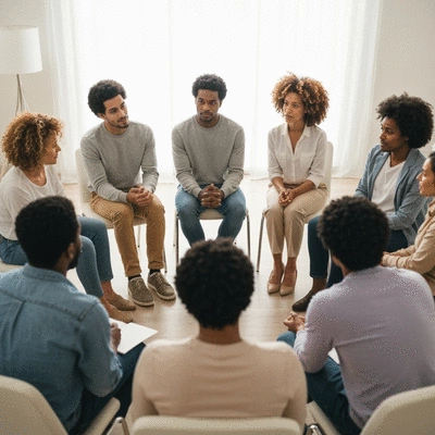 Diverse group of people in a support circle, showing empathy and connection