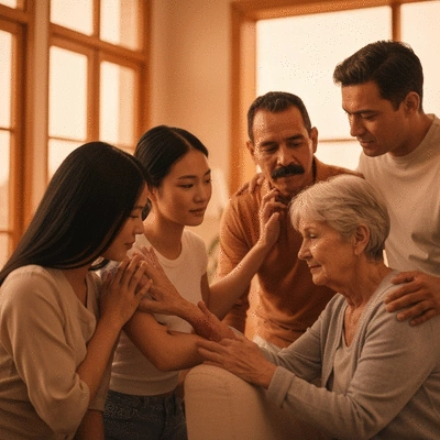 Diverse group of friends and family members offering support and comfort to each other