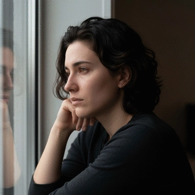 Person looking thoughtfully out a window, depicting persistent sadness
