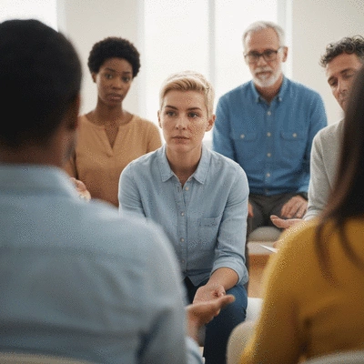 Diverse group of people of different ages and genders in a supportive group setting, representing varied experiences with depression