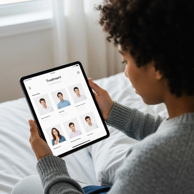 Person looking at various treatment options for depression on a digital tablet