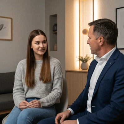 Two people in a therapy session, one speaking and one listening attentively