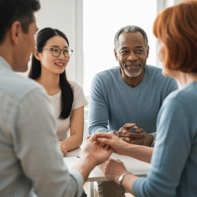 Diverse group of people in a support group, showing empathy and understanding